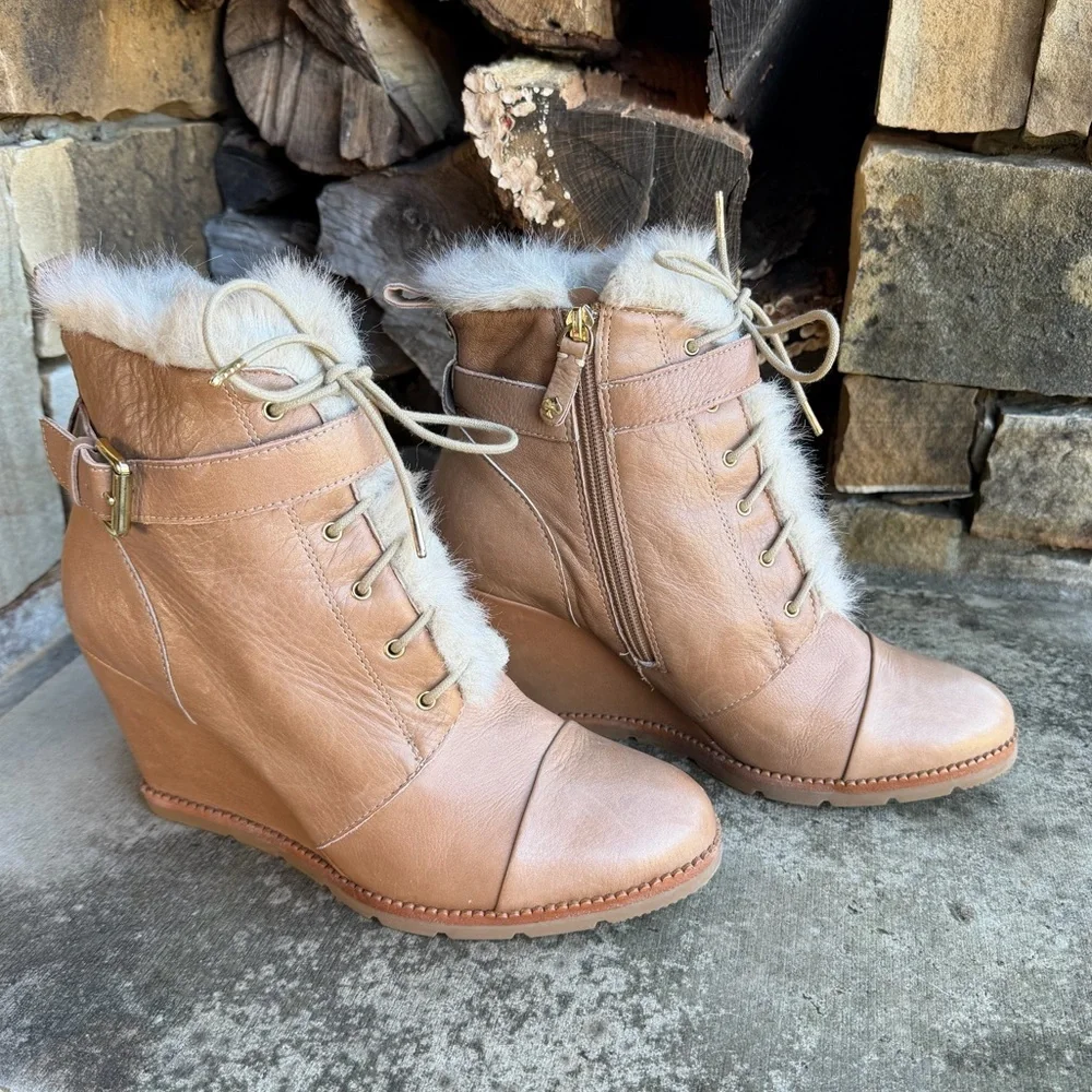 kate spade Tay Booties Tan Leather Wedge Ankle Boots w/ Faux Fur Trim Sz-10.5. X